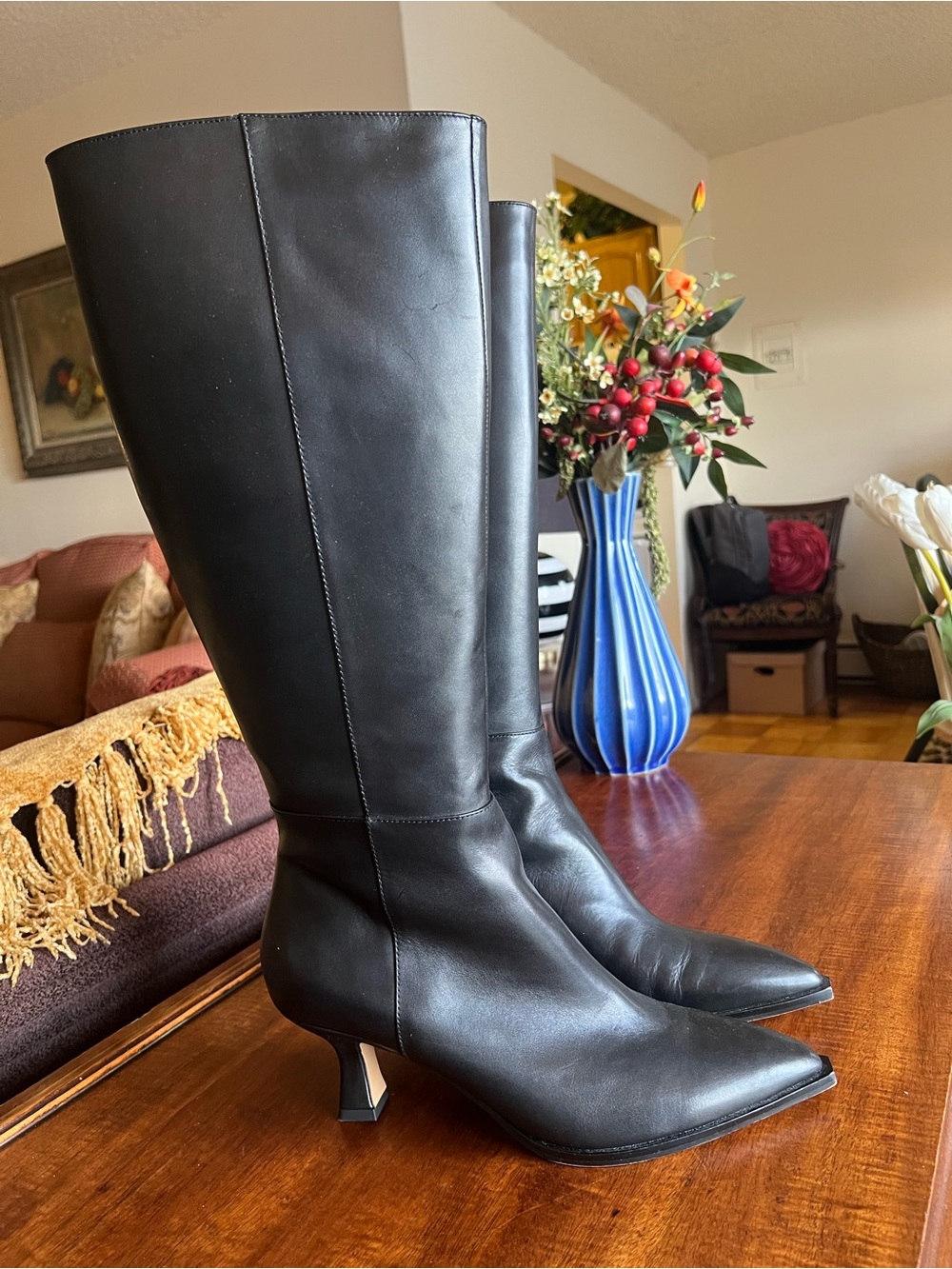 Dolce Vita Black Pointed-Toe Knee-High Leather Boots